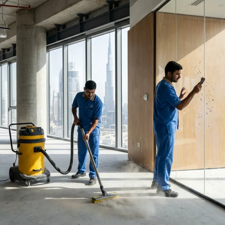 Professional cleaners working together to clean a modern Dubai office