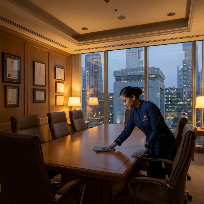 Cleaner wiping a wooden conference table in a Dubai office