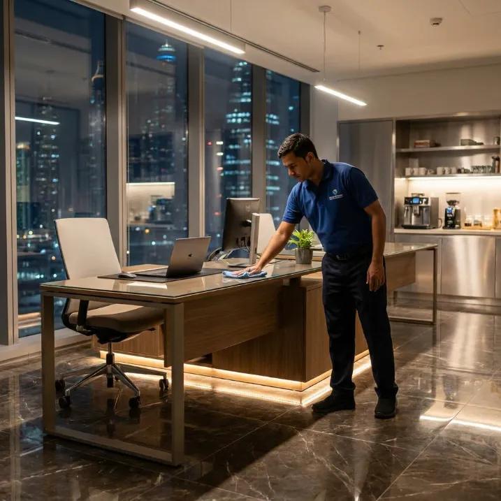 Cleaner wiping an office workstation during professional cleaning