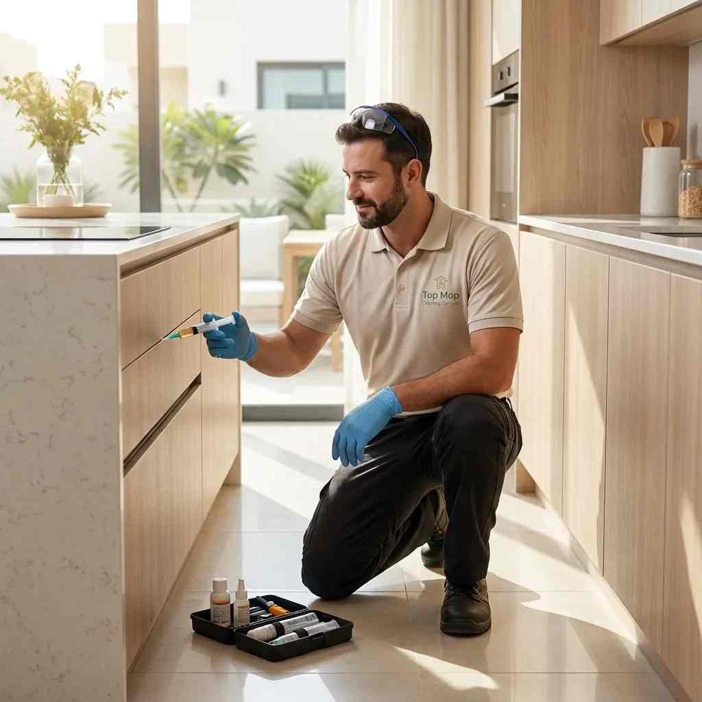 Top Mop technician providing professional pest control treatment inside a modern Dubai kitchen