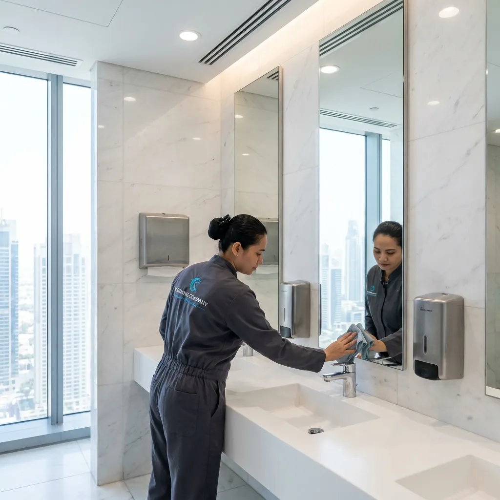 Cleaner polishing a mirror and sink in a modern office washroom