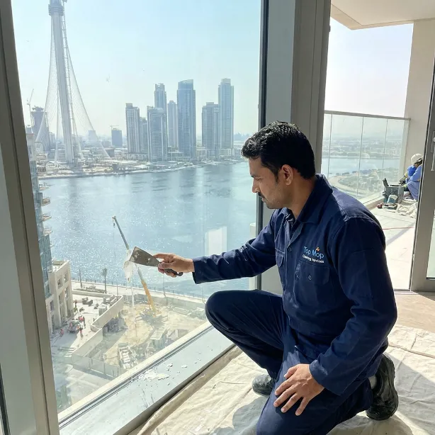 Top Mop cleaner scraping and cleaning window glass in a Dubai apartment