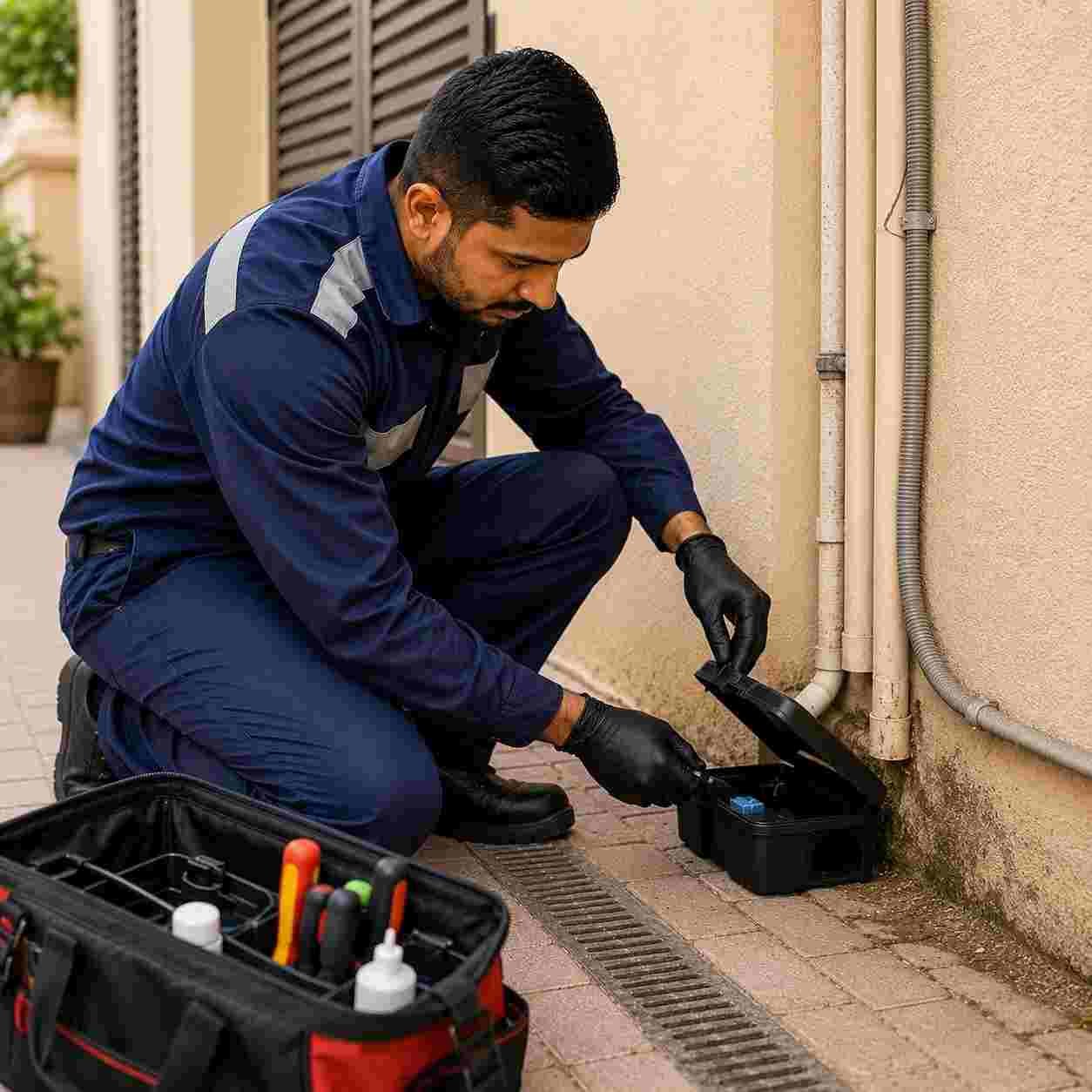 Pest control technician inspecting a tamper-resistant rodent bait station near a Dubai villa
