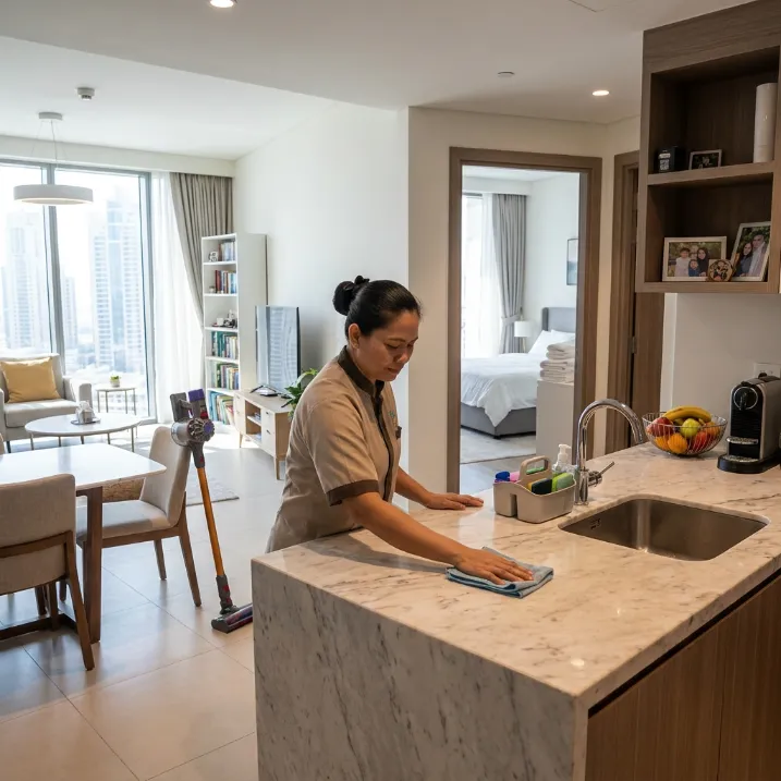 Professional cleaner providing regular weekly and fortnightly home cleaning in a Dubai apartment
