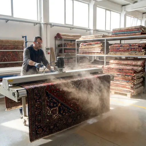 Technician using a rug dusting machine, with a cloud of dust coming off a wool rug