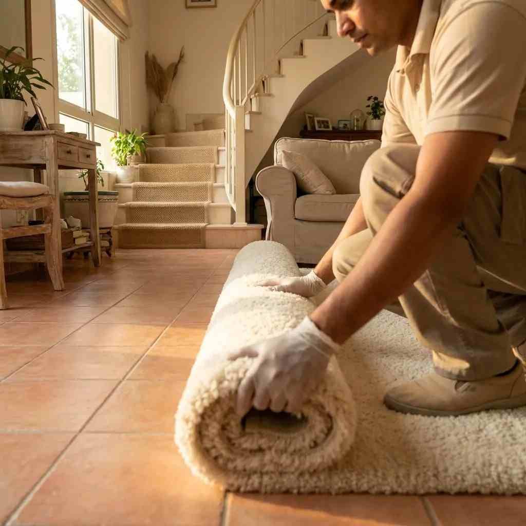 A Top Mop cleaning technician carefully rolling a freshly cleaned ivory wool area rug across the tiled floor of a bright Abu Dhabi townhouse living room, with a clean stair runner visible in the background