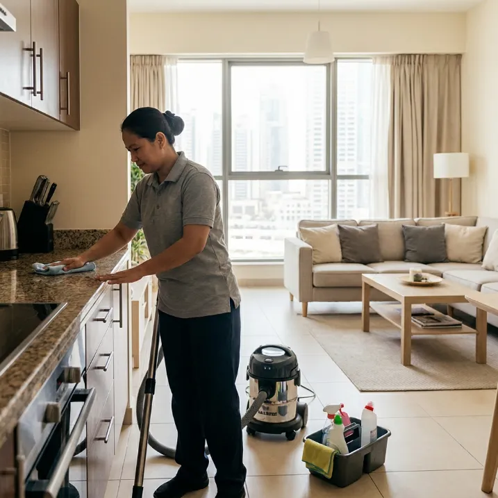 Professional cleaner providing residential cleaning services in a Dubai home