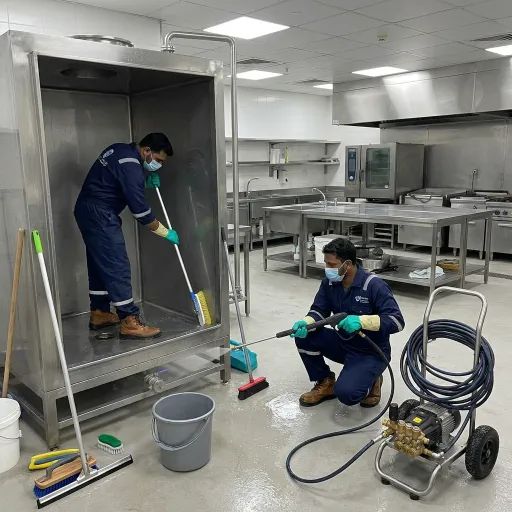 Technicians cleaning a commercial water tank for a restaurant kitchen in Abu Dhabi