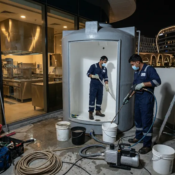 Technicians cleaning a commercial GRP water tank at a restaurant on Yas Island Abu Dhabi