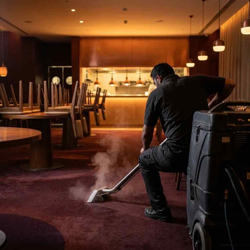 A Top Mop technician guiding an extraction wand across a deep burgundy restaurant carpet near the kitchen entrance after closing hours, with clean steam rising as the machine pulls out grease and food particles without leaving sticky residue