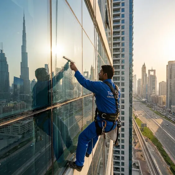 Rope access window cleaner washing glass on a Dubai high-rise building