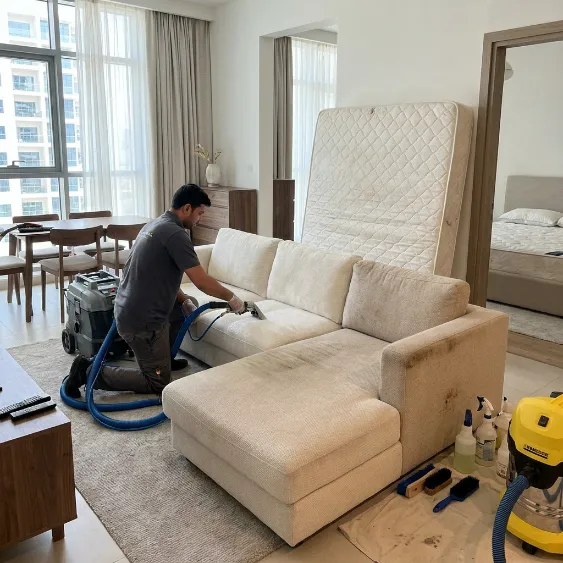 Professional technician cleaning a fabric sofa inside a Dubai apartment