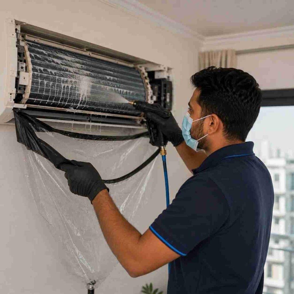 Technician cleaning the evaporator coil of a split AC unit