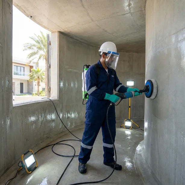 Top Mop technicians pressure washing a rooftop water tank in Dubai