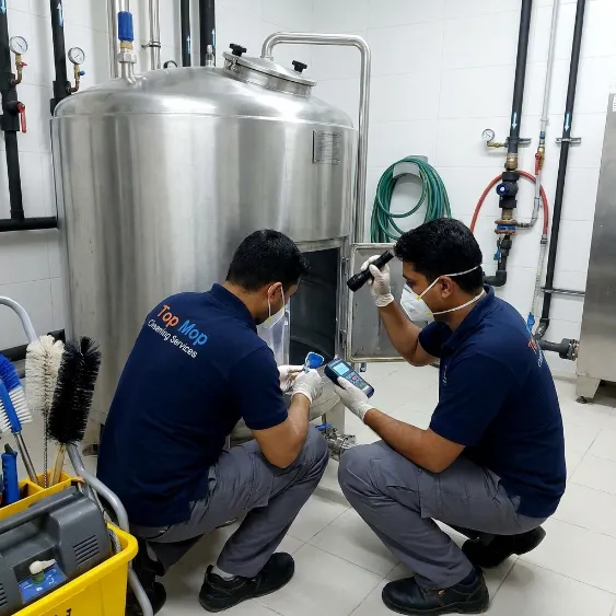 Technician deep cleaning an underground water tank chamber