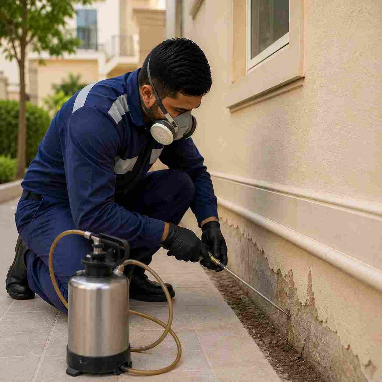 Pest control technician treating the foundation area of a Dubai villa for termites
