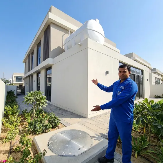 Top Mop technician standing beside a villa water tank in Dubai