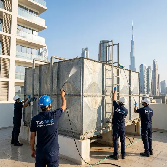 Two Top Mop technicians inspecting and cleaning a stainless steel water tank