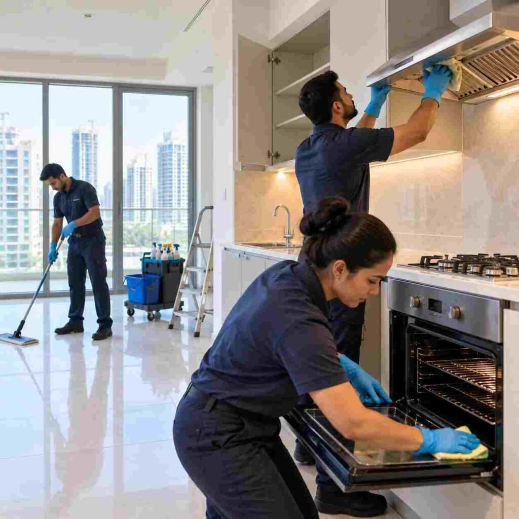 Professional cleaners deep cleaning an empty two-bedroom apartment in JVC Dubai