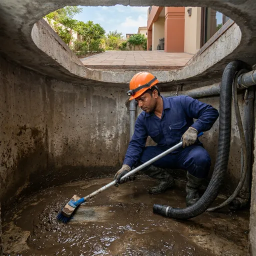 Technician cleaning the inside of an underground water tank