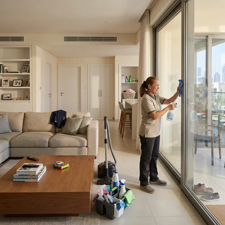 Professional cleaner providing residential cleaning in a Dubai villa