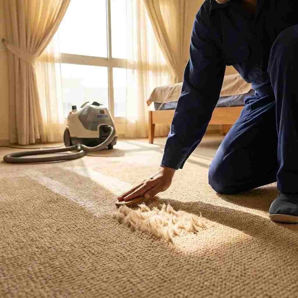 A Top Mop cleaning technician kneeling on freshly steam-cleaned beige nylon carpet in a bright Khalifa City villa bedroom, gently running a hand across the restored fluffy pile while a steam extraction machine sits nearby