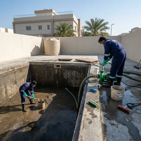 Technicians cleaning an underground water tank at a villa in Khalifa City Abu Dhabi