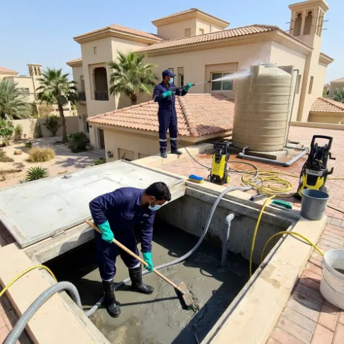 Technicians cleaning rooftop and underground water tanks at an Abu Dhabi villa