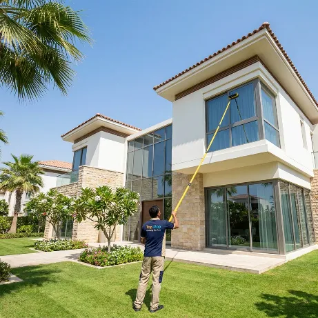 Professional cleaner washing large villa windows with an extension pole