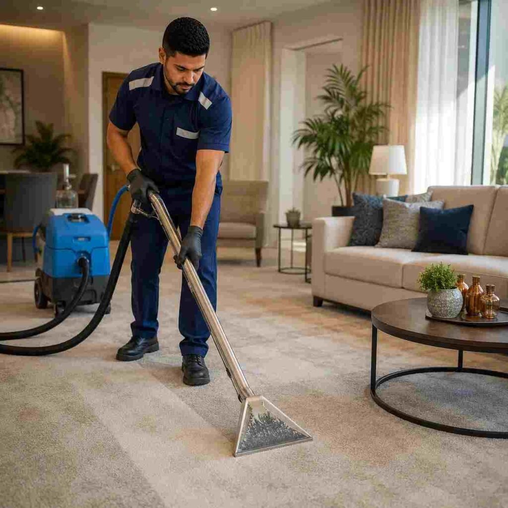 Carpet cleaning technician deep cleaning wall-to-wall carpet in a Dubai home