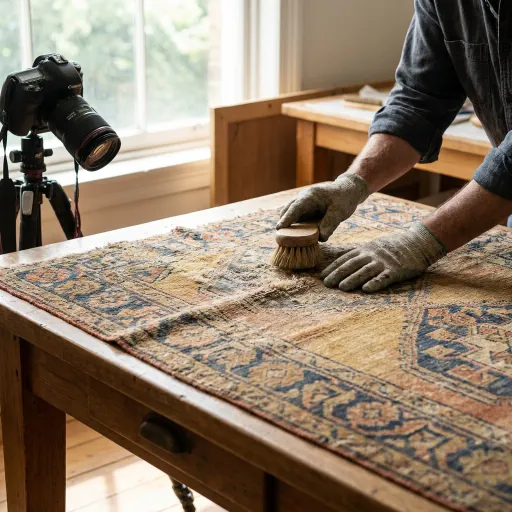 Conservator brushing a worn antique rug on a wooden table with a camera on a tripod nearby