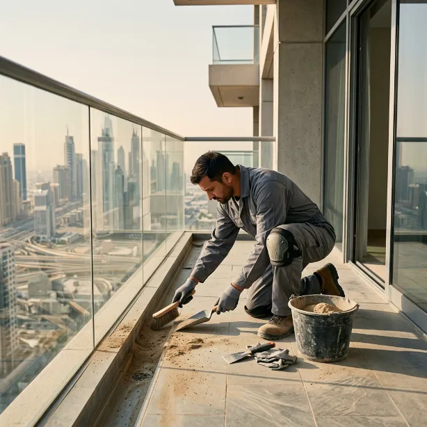 Professional cleaner sweeping dust and debris from a tiled apartment balcony beside a glass railing overlooking the Dubai skyline.