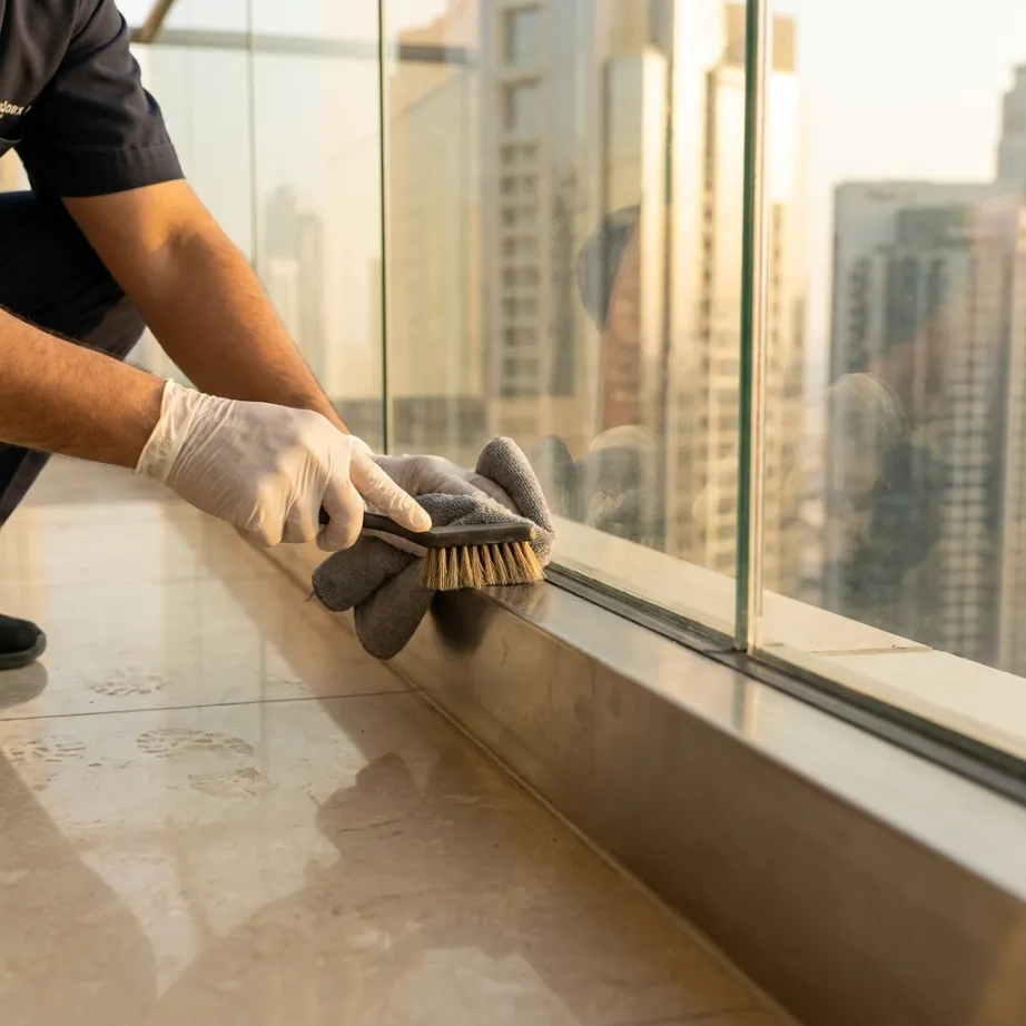 Cleaner removing dust and dirt from a balcony glass window track in Dubai