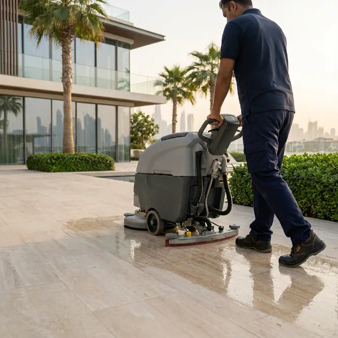 Professional cleaner using a floor scrubber to clean a Dubai apartment terrace