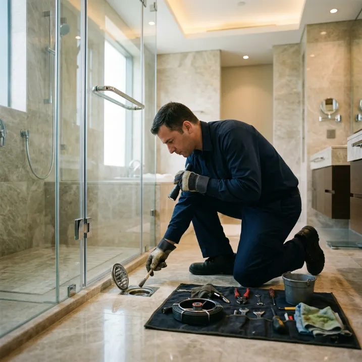 Plumber inspecting an open floor drain in a modern tiled bathroom with professional plumbing tools.
