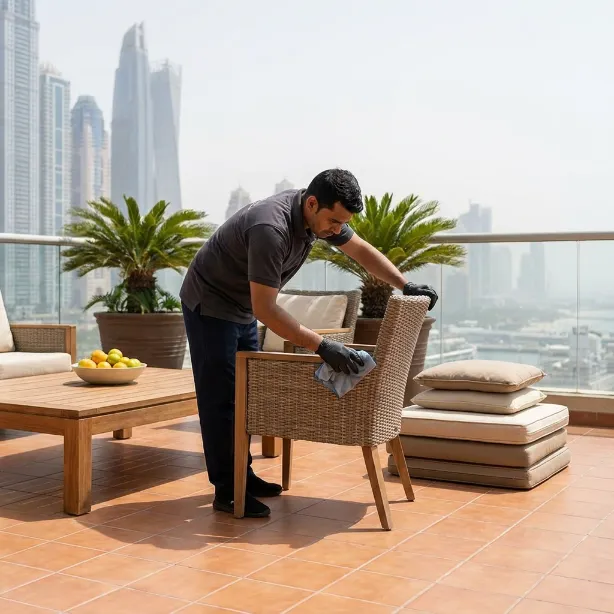 Professional cleaner wiping outdoor balcony furniture at a Dubai apartment
