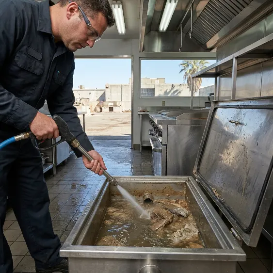 Technician using high pressure water to clean a commercial kitchen grease trap in Dubai
