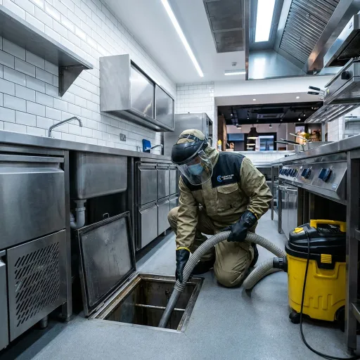 Technician cleaning a commercial kitchen grease trap and drainage system in Dubai