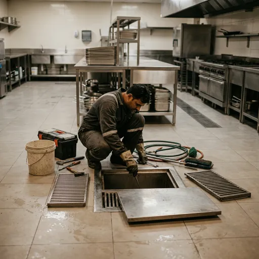 Drainage technician cleaning an open floor drain in a commercial kitchen using professional plumbing tools.