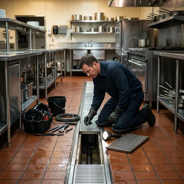 Drainage technician inspecting and cleaning a floor drain in a commercial stainless steel kitchen.