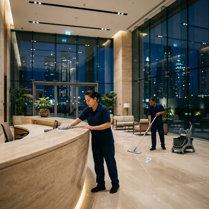 Professional cleaning staff maintaining a reception desk and polished floors in a modern Dubai building lobby