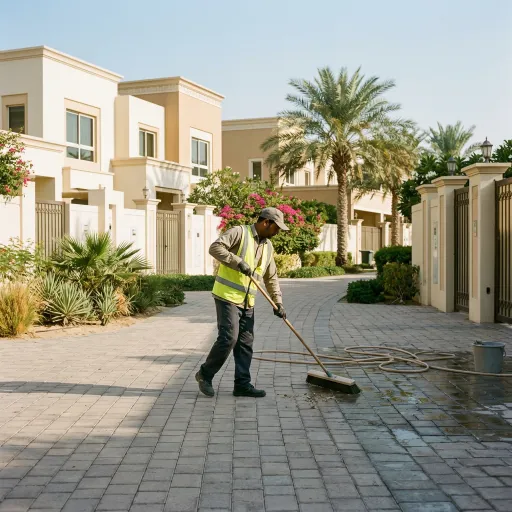 Professional cleaner washing an exterior walkway at a commercial property in Dubai