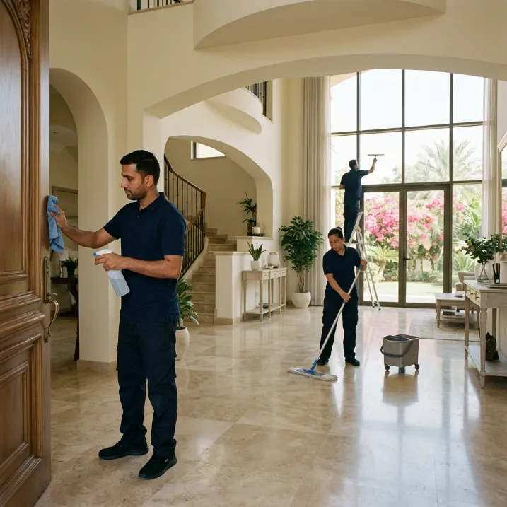 Professional cleaners wiping a wooden entrance door, mopping marble floors, and cleaning windows in a spacious villa.