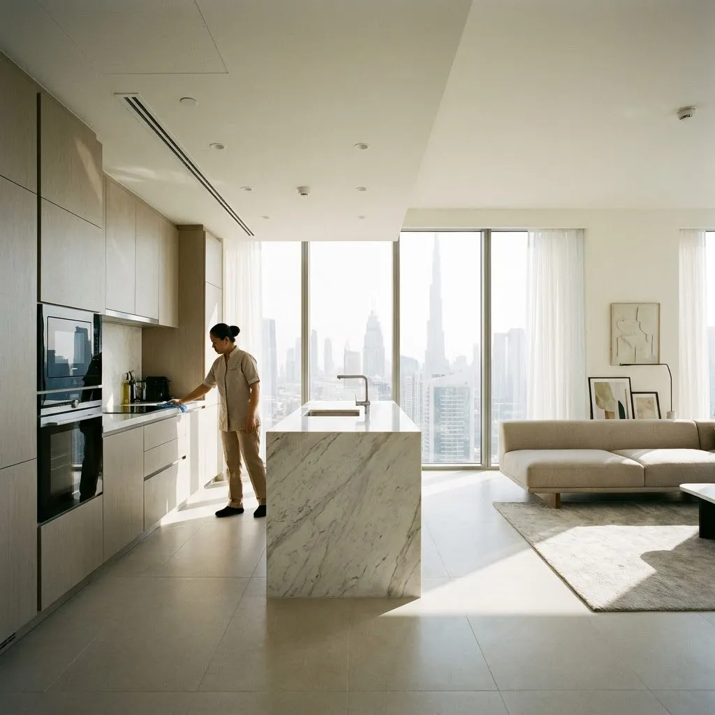 Professional cleaner cleaning a modern apartment with Dubai skyline views