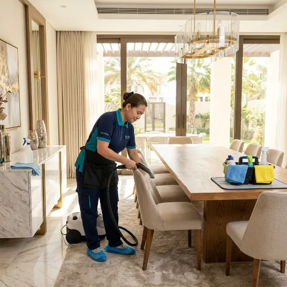 Professional cleaner vacuuming an upholstered dining chair beside a wooden dining table in a luxury villa