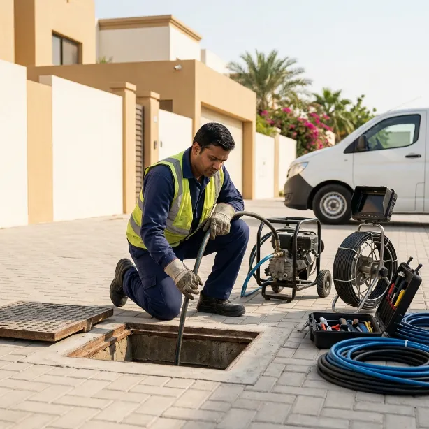 Drainage technician operating professional drain-cleaning equipment beside an open underground drainage chamber at a residential villa.