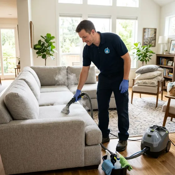 Professional cleaner deep cleaning a light grey fabric sofa with an upholstery extraction machine