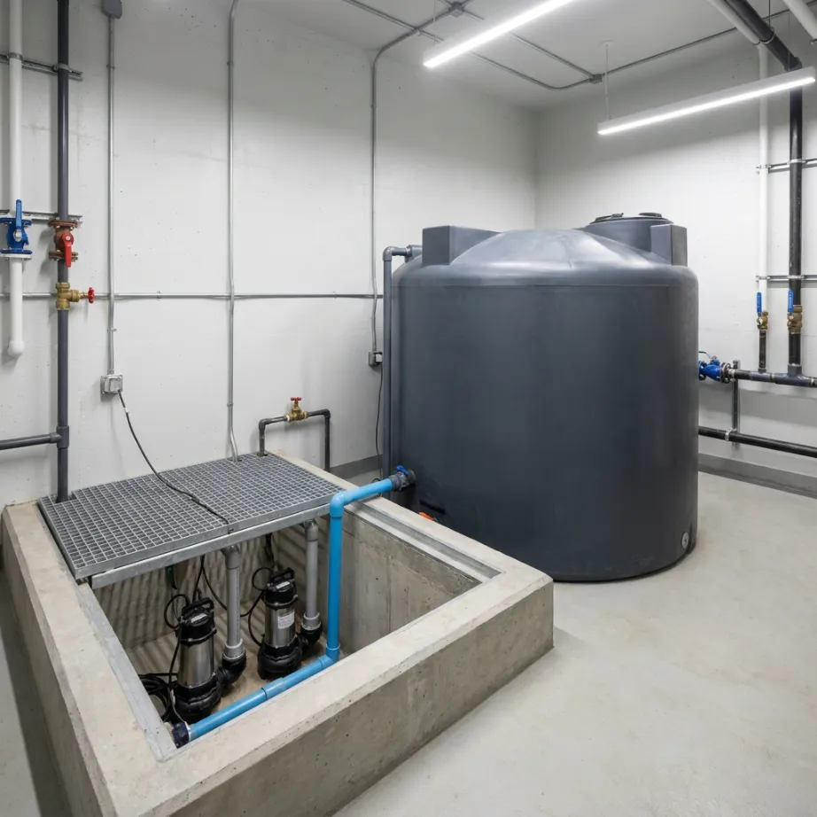 Industrial water storage tank and sump pit system requiring professional cleaning and maintenance