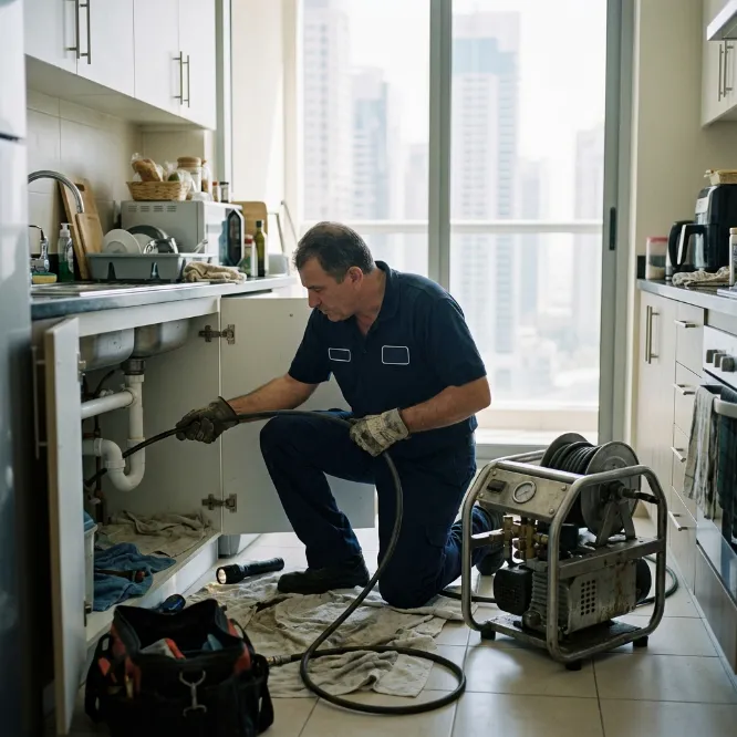 Professional plumber using drain-cleaning equipment to clear a kitchen drainage pipe beneath a sink.