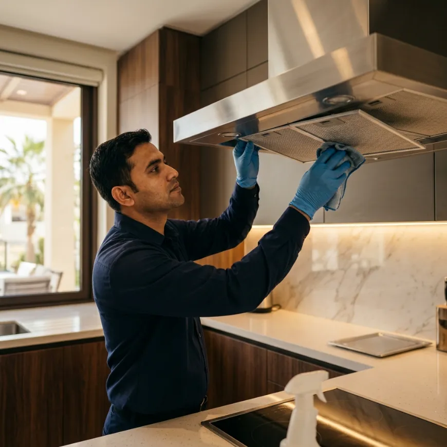 Professional cleaner wiping the stainless steel extractor hood and grease filters in a modern kitchen.